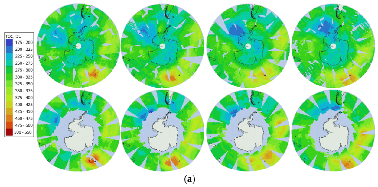 根据INFS-2的数据，2020年7月和8月南极周围的臭氧分布©Remote Sensing