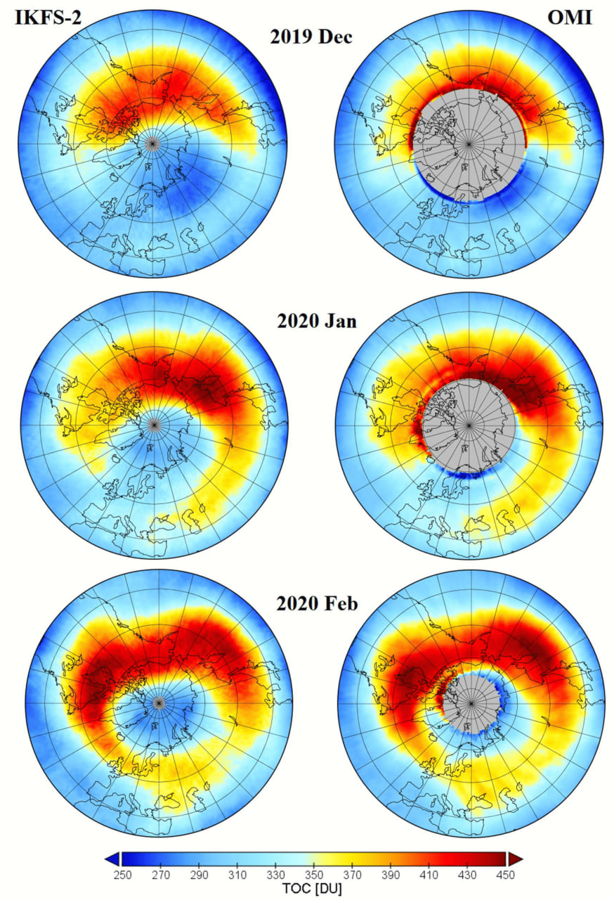 根据INFS-2数据，2019-2020年冬季北极周围的臭氧分布© Remote Sensing