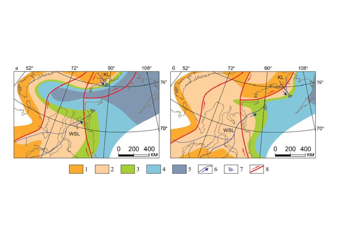二叠纪早期（a）和晚期（b）泰梅尔沉积盆地及邻近地区的古地理状况（以现代坐标表示）。摘自《岩石圈》杂志