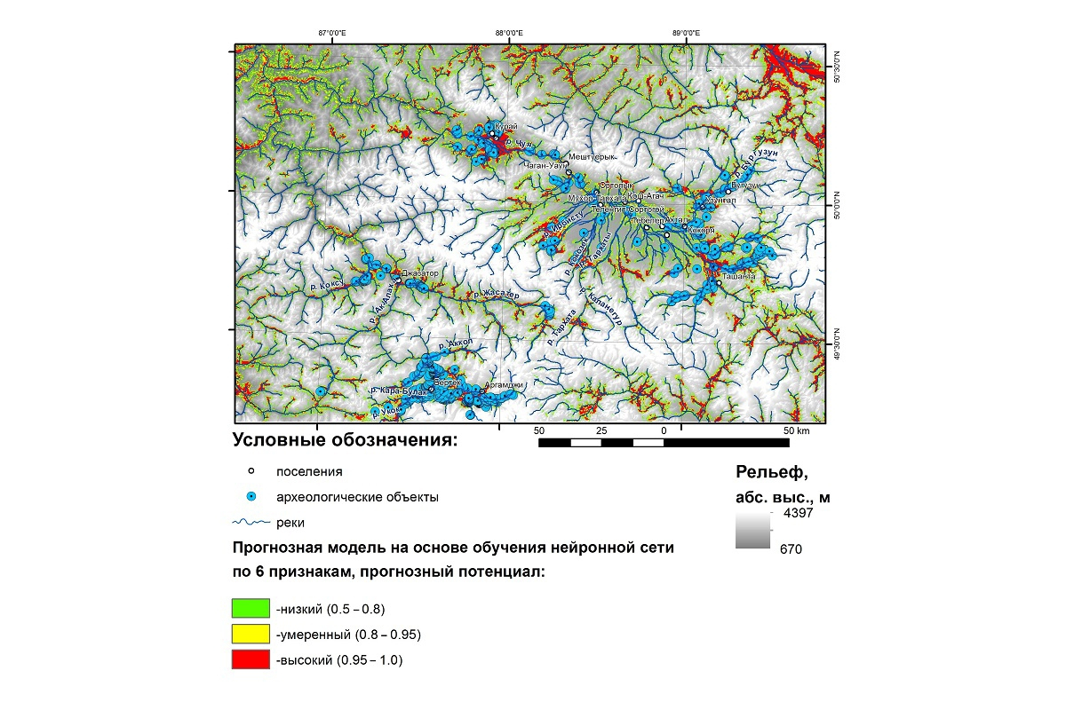 根据神经网络的模型，在阿尔泰东南部地区发现考古遗址的概率